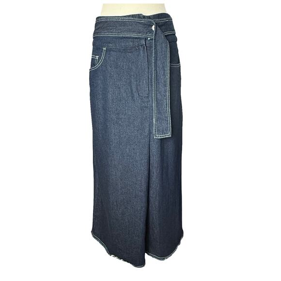 Adolfo Dominguez Denim Maxi Skirt Asymmetrical Belt Button Closure Dark Size 2 - Picture 1 of 8